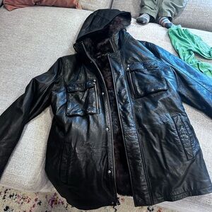 Men's Black Hooded Overland Leather Military Jacket